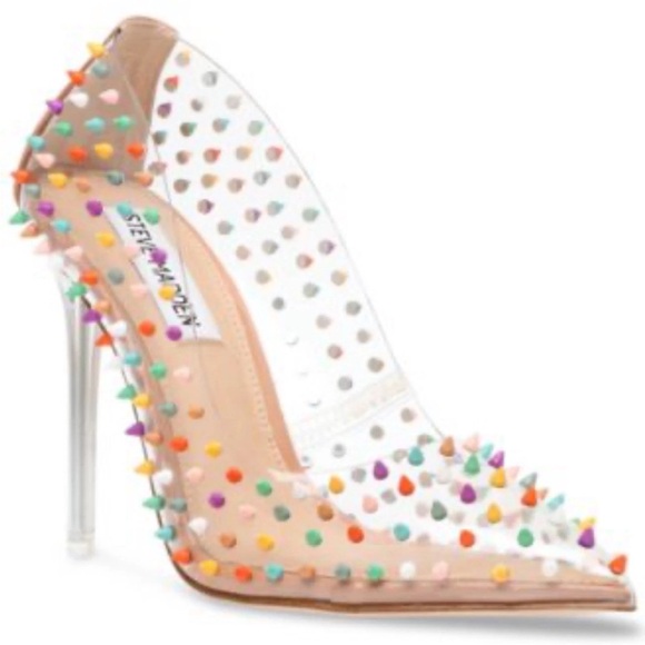 Steve Madden Vala-S Clear Studded Pumps Rainbow Spikes Pointed Toe Heels Size 11